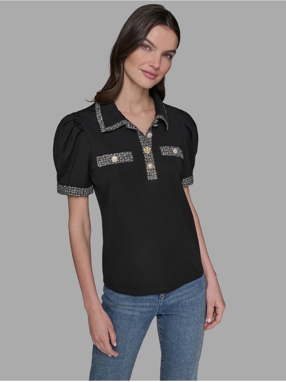 Karl Lagerfeld Paris Black Tweed Trim Polo Top | PL (Large) | Excellent